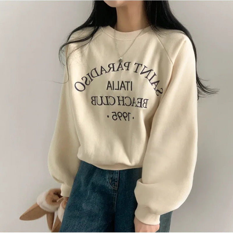 Embroidered Velvet Thick Round Neck Sweater for Women