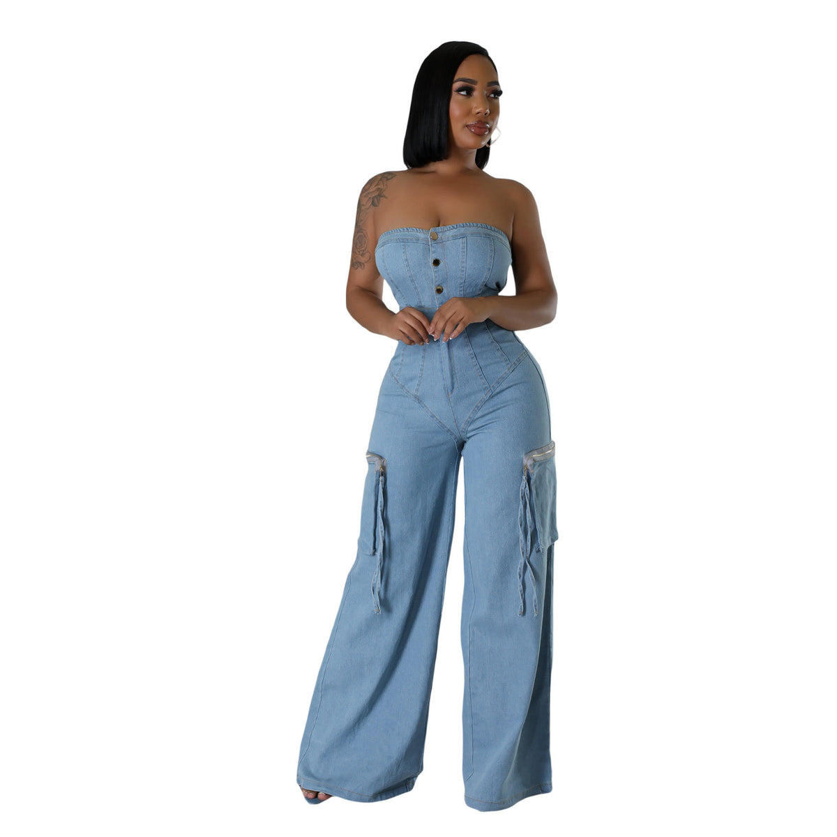 Women's Casual Off-Shoulder Slim-Fit Denim Jumpsuit Overalls