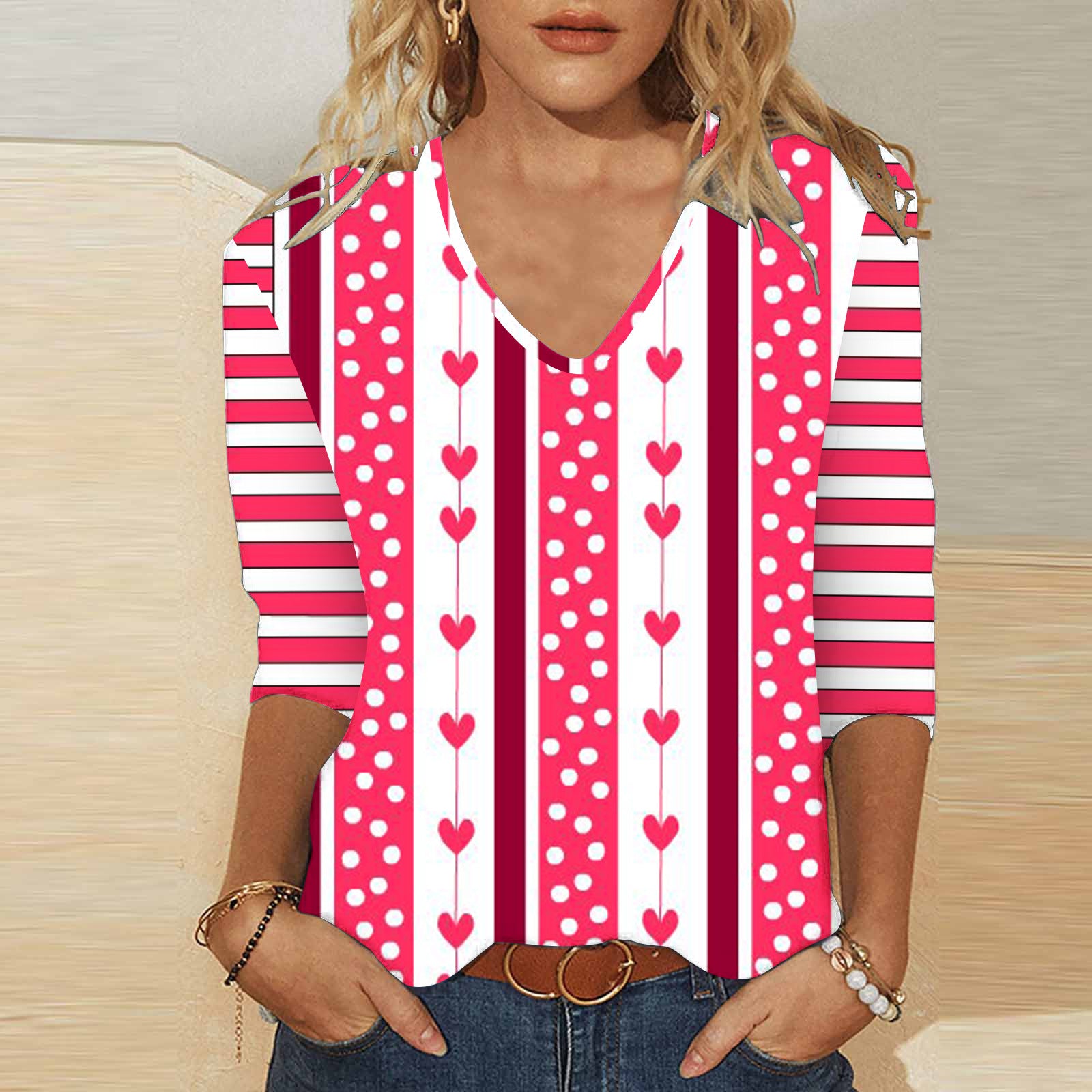 Cute Valentine's Heart V-Neck 3/4 Sleeve Casual T-Shirt