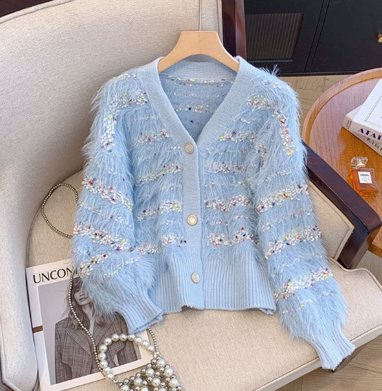 Mink-velvet Knitted Sweater Coat for Women Autumnwinter White with Tassels