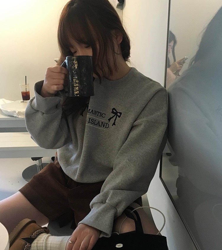 Retro Bowknot Embroidered Oversized Terry Sweater