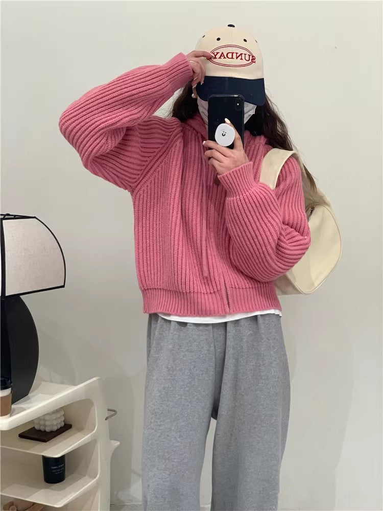 Solid-color Zip-up Knitted Cardigan Cropped Top