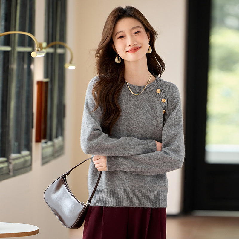 French Style Gold Buckle Design Sense Lazy and Loose Knitwear Sweater