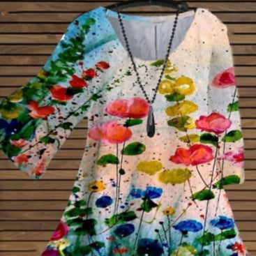 Floral Print V‑Neck Chiffon Blouse – Lightweight, Loose Fit