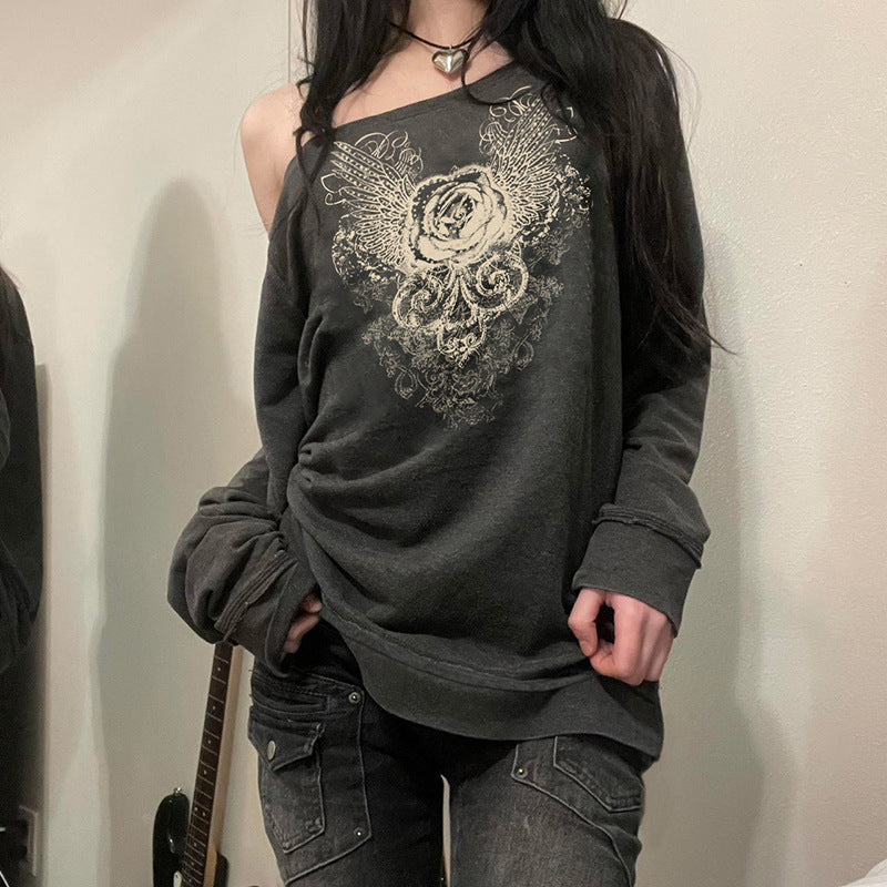 Retro Floral Print Diagonal Neck Loose Pullover Sweater