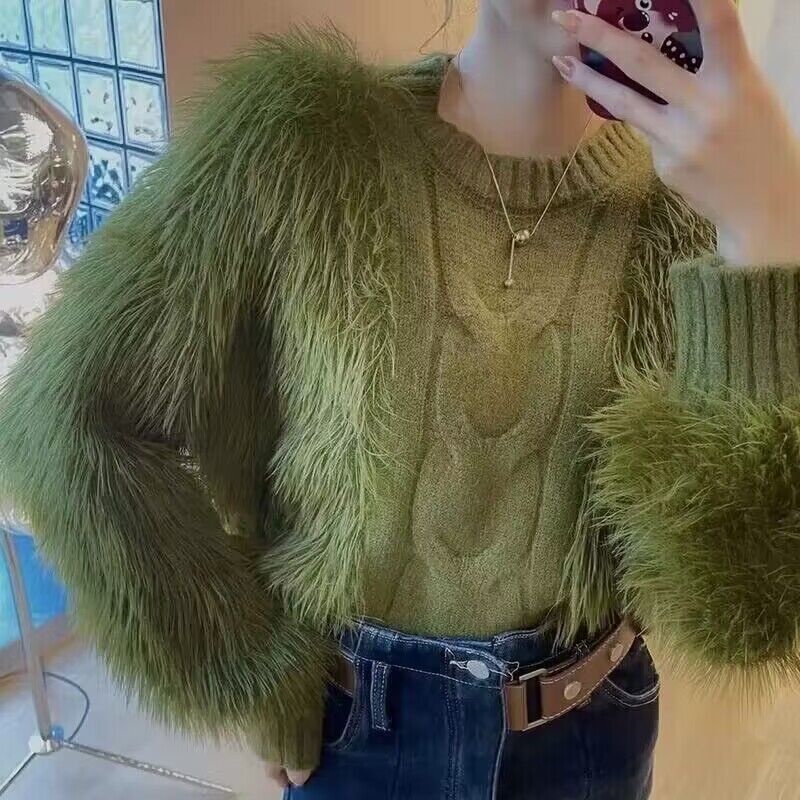 Loose-fitting, Outerwear Mink-wool Solid-color Sweater for Women
