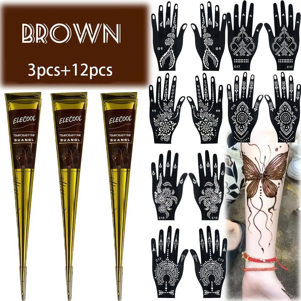 Temporary Semi‑Permanent Tattoo Paste – Brown & Black with Random Template Patterns (Waterproof, Safe & Non‑Irritating)