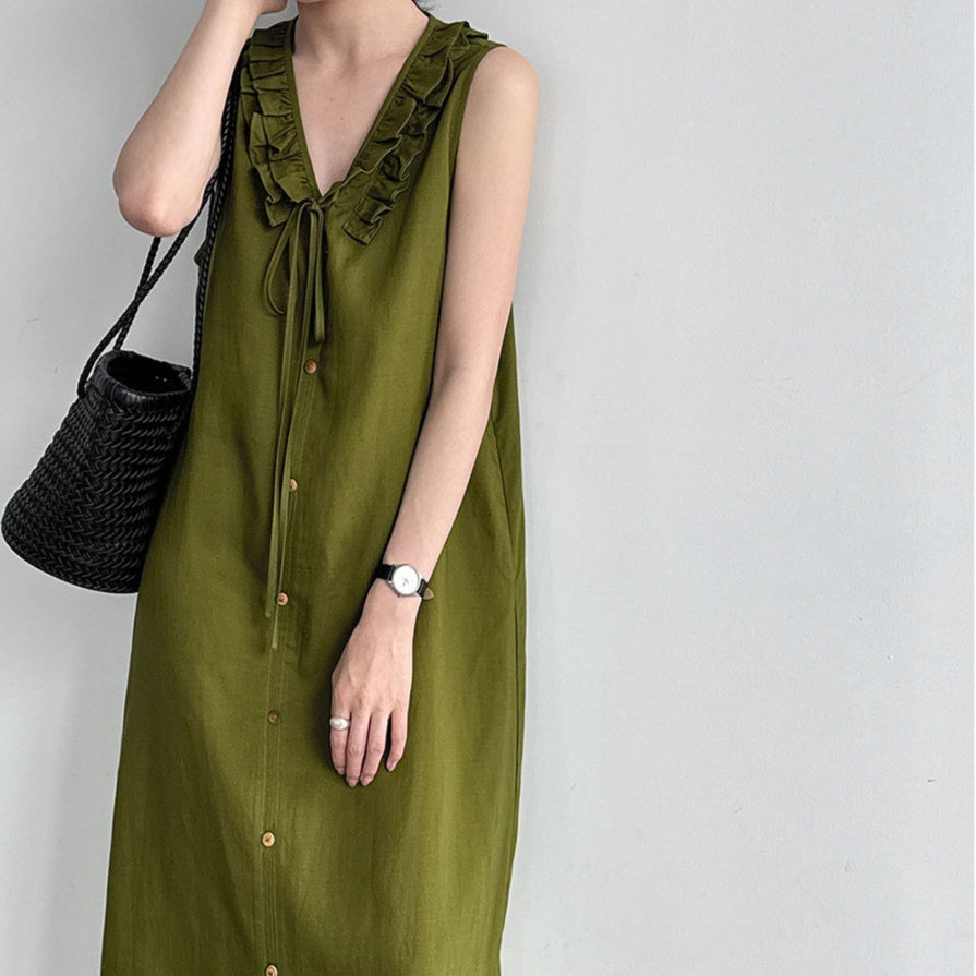 Womens Sleeveless V-neck Dress with Ruffle Trim