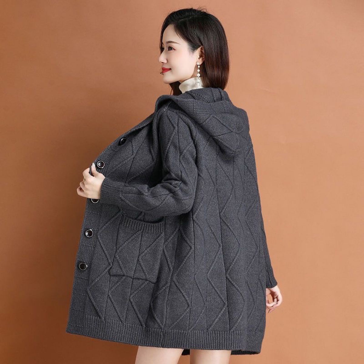 Womens Hooded Sweater Mid-length Coat