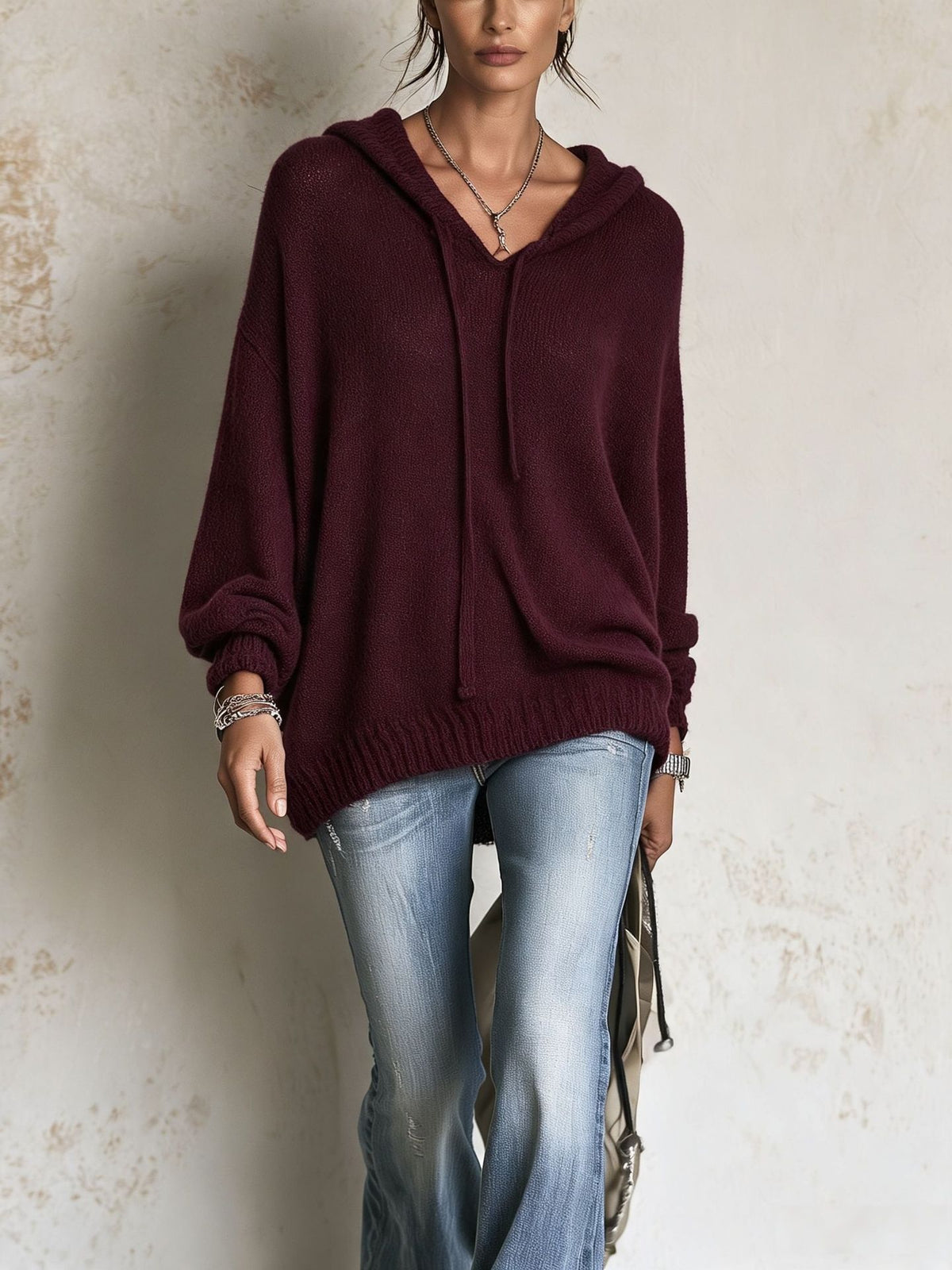 Womens Knitted Hooded Long-sleeve Sweater with Drawstring
