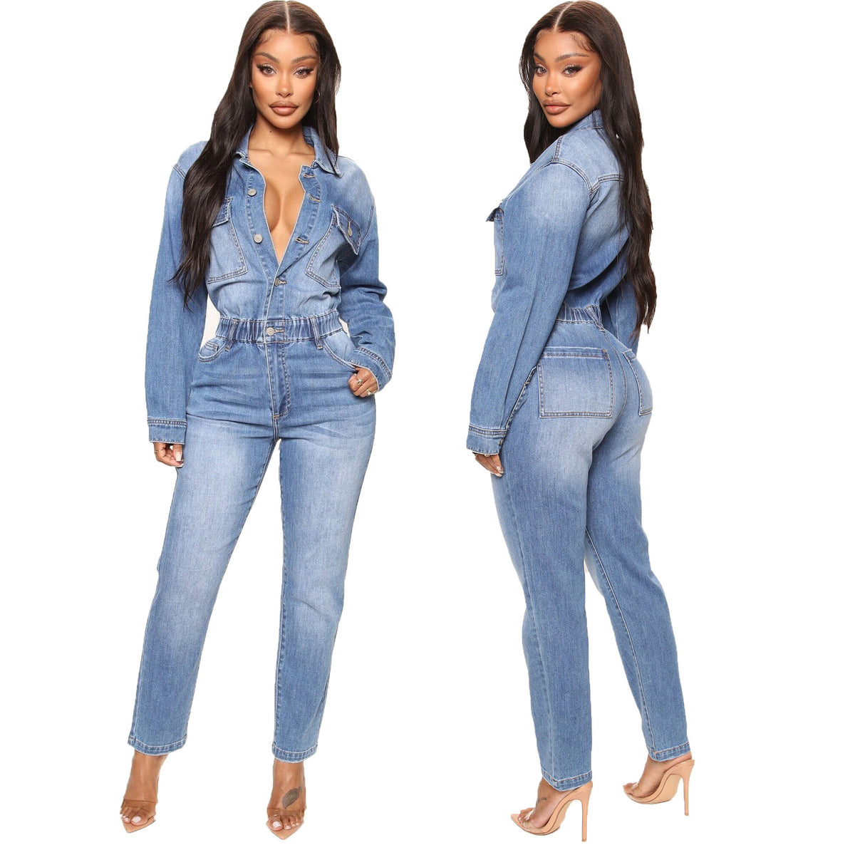 Washed Denim Long Sleeve Slim Waist Jumpsuit