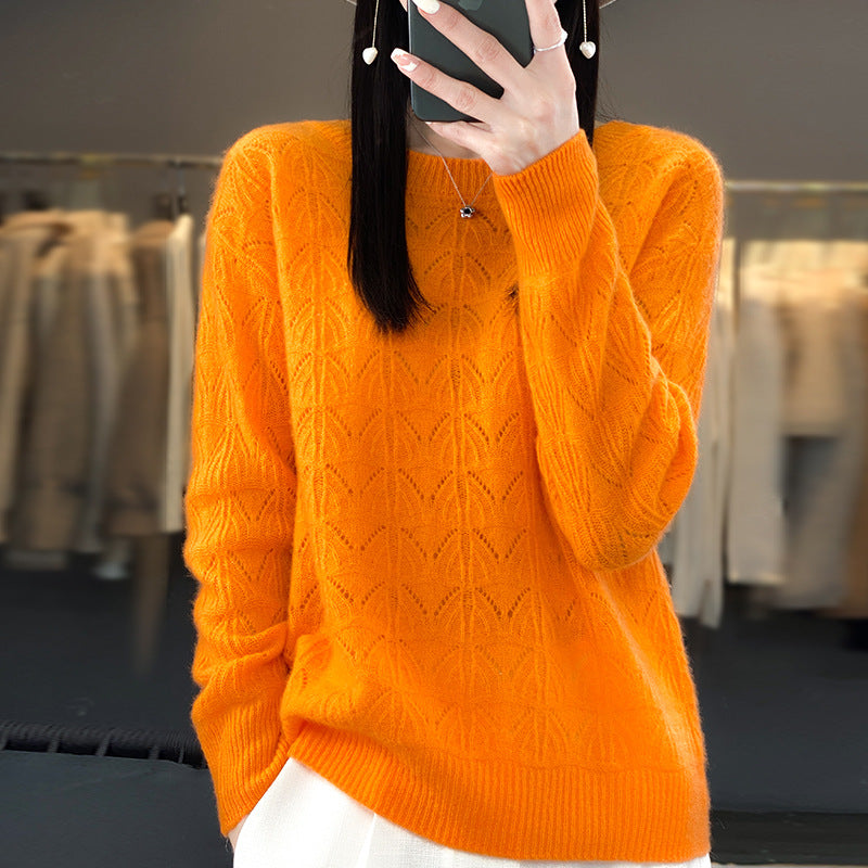 Women's Wool Knitted Round Neck Pullover Hollow-out Solid Color Long Sleeve