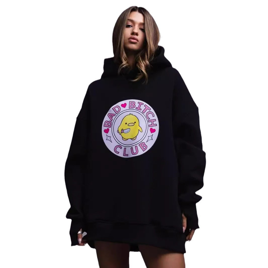 Cute Yellow Duck Print Oversized Cotton Hoodie