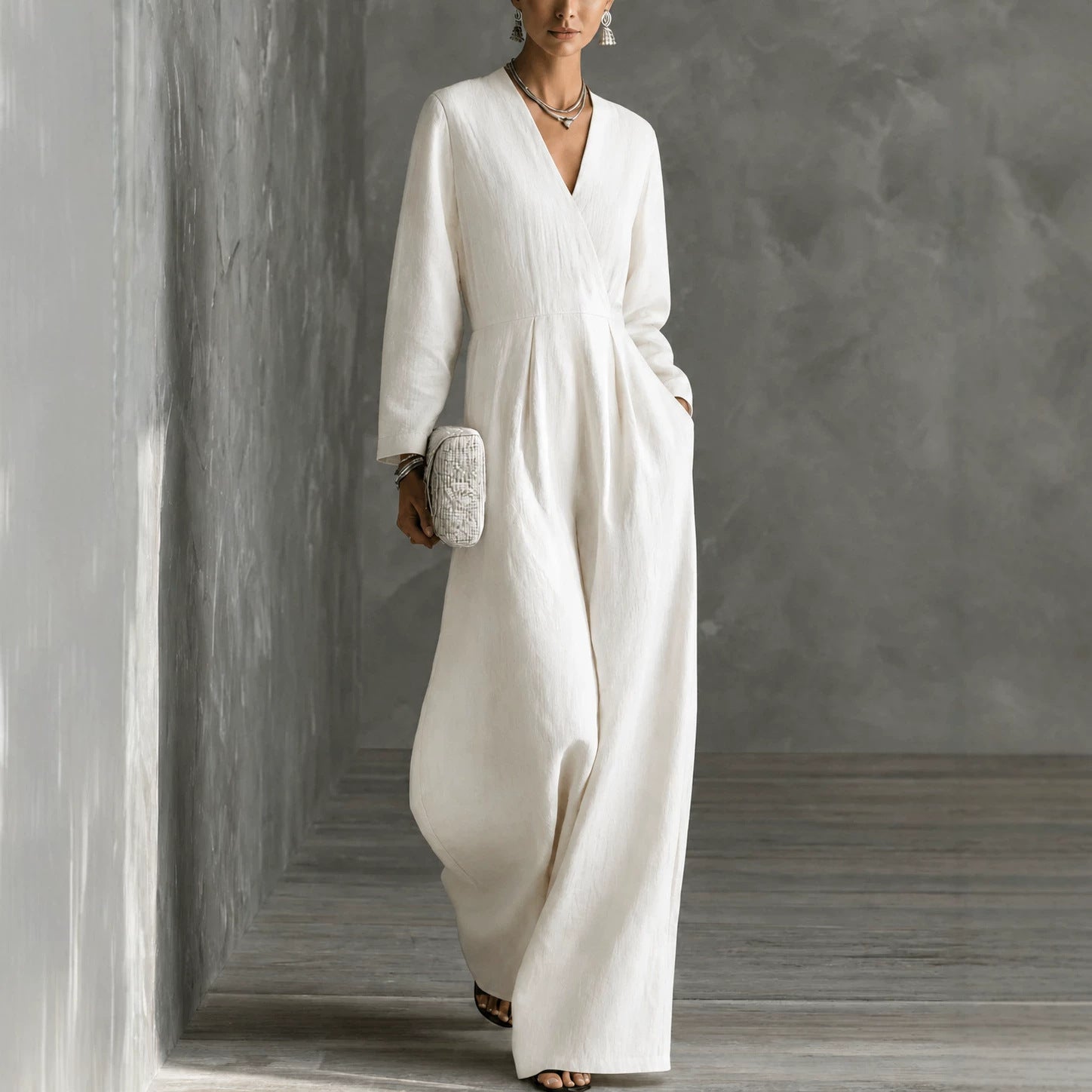 Chic V-Neck Long-Sleeve Wide-Leg Jumpsuit
