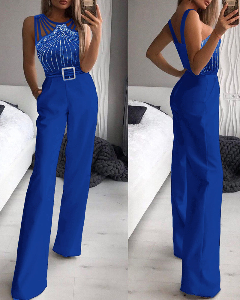 Rhinestone Strapless Waist-Cinching Jumpsuit
