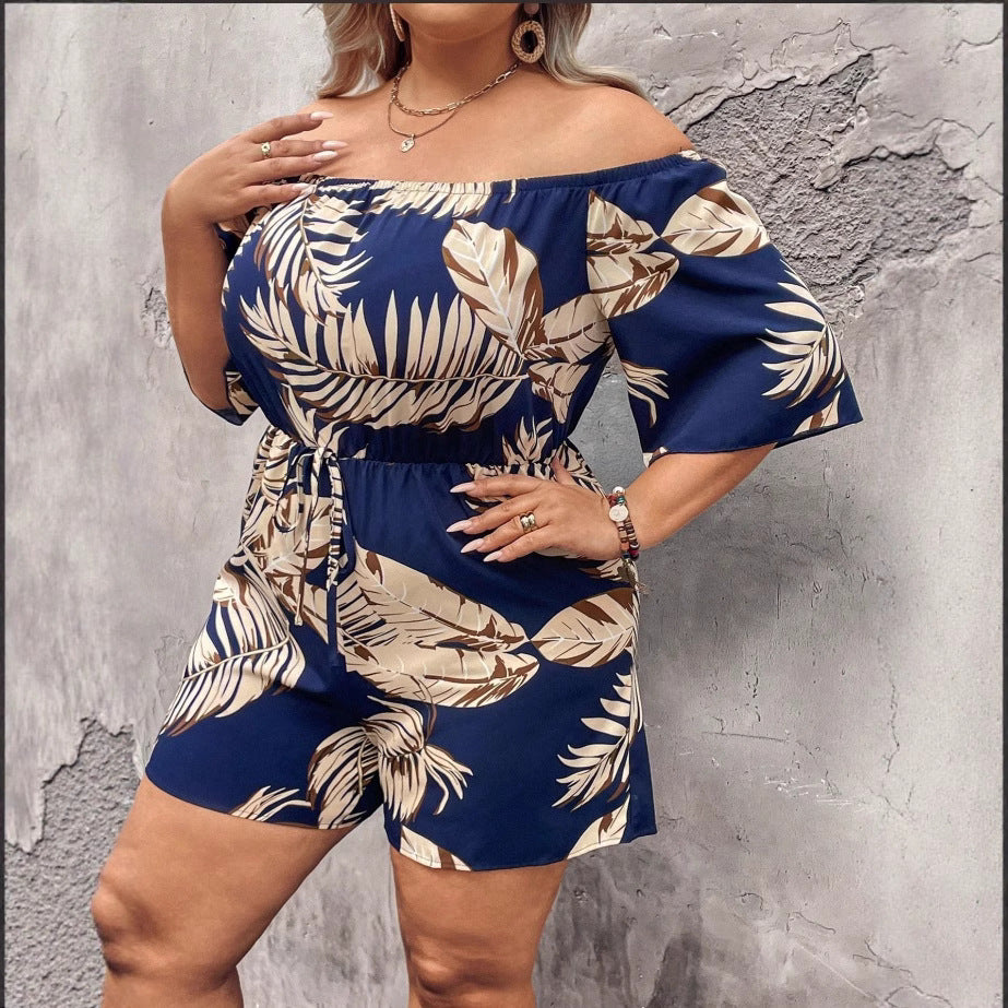 Off-Shoulder Botanical Print Waist-Cinching Romper