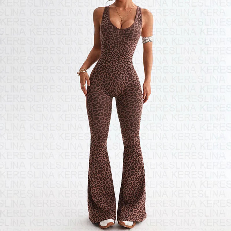 Leopard Print V-Neck Backless Slim Fit Halter Jumpsuit