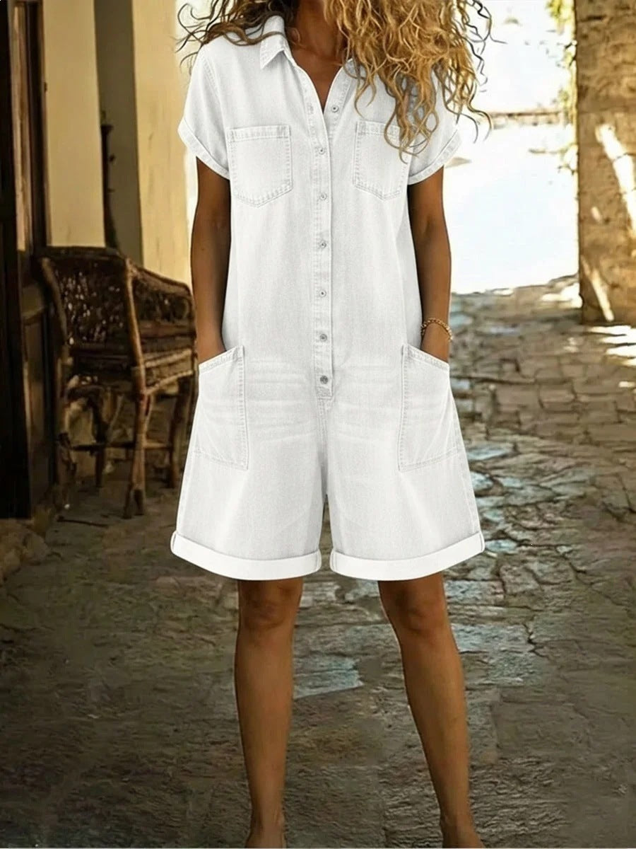 Washed Denim Short-Sleeve Pocket Jumpsuit