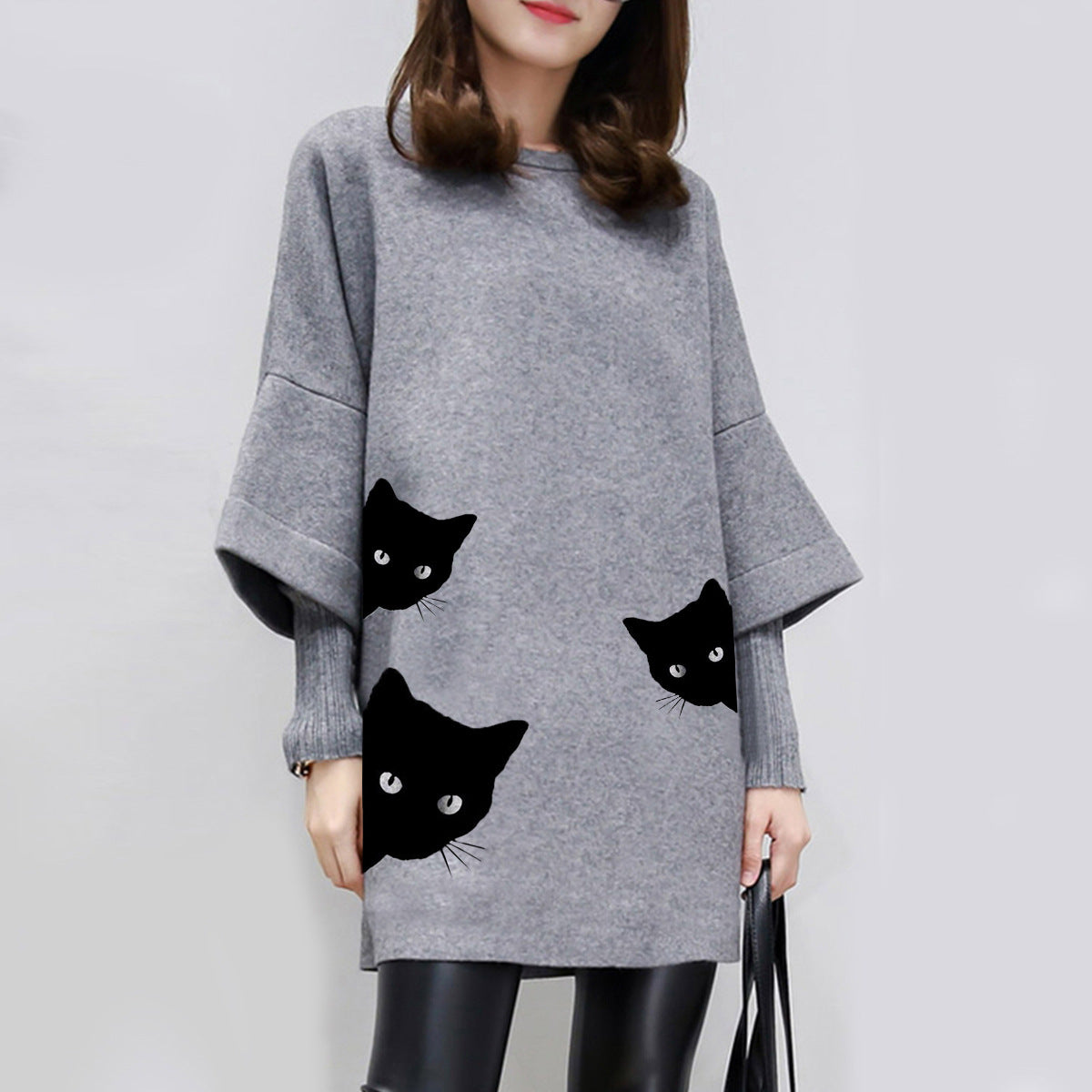 Women's Cozy Gray Round-Collar Long-Sleeve Sweater