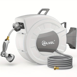 65/100FT X 1/2" Retractable Garden Hose Reel, Decorative Outdoor Garden Hose Reels - Automatic Self Retract Wall Mount Hose Reel Enclosed Storage, Any Length Lock, 10 Pattern Nozzle-Grey