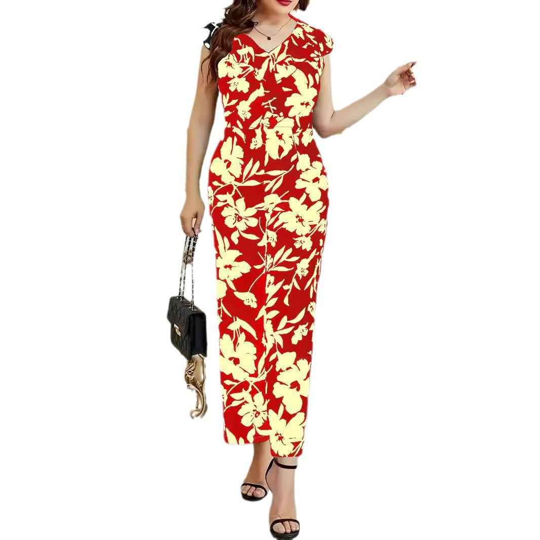 Floral V-Neck Sleeveless Pocket Jumpsuit for Women