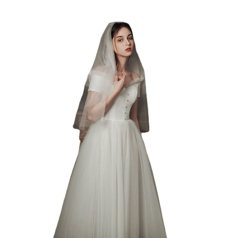 Off-the-Shoulder Tulle Puff Midi Wedding Dress