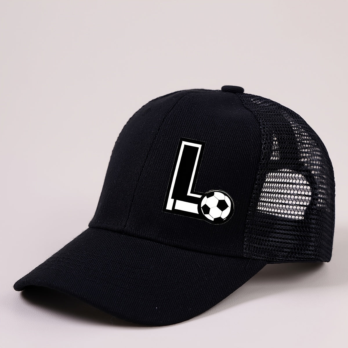 Boys Mesh Baseball Cap with A‑Z Letter and Soccer Ball Print, Unisex Sunvisor, Black