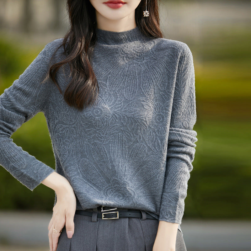 Fine-woven Wool Mock-neck Long-sleeve Knit Shirt