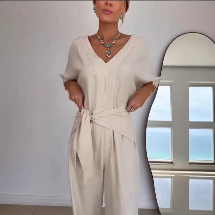 Solid-color V-neck Casual Mid-length Sleeve Belt Jumpsuit Pants