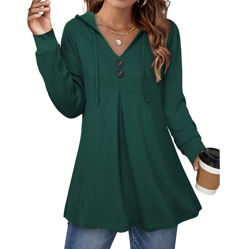 Women's V-Neck Long Sleeve Casual Hooded Pullover Sweater