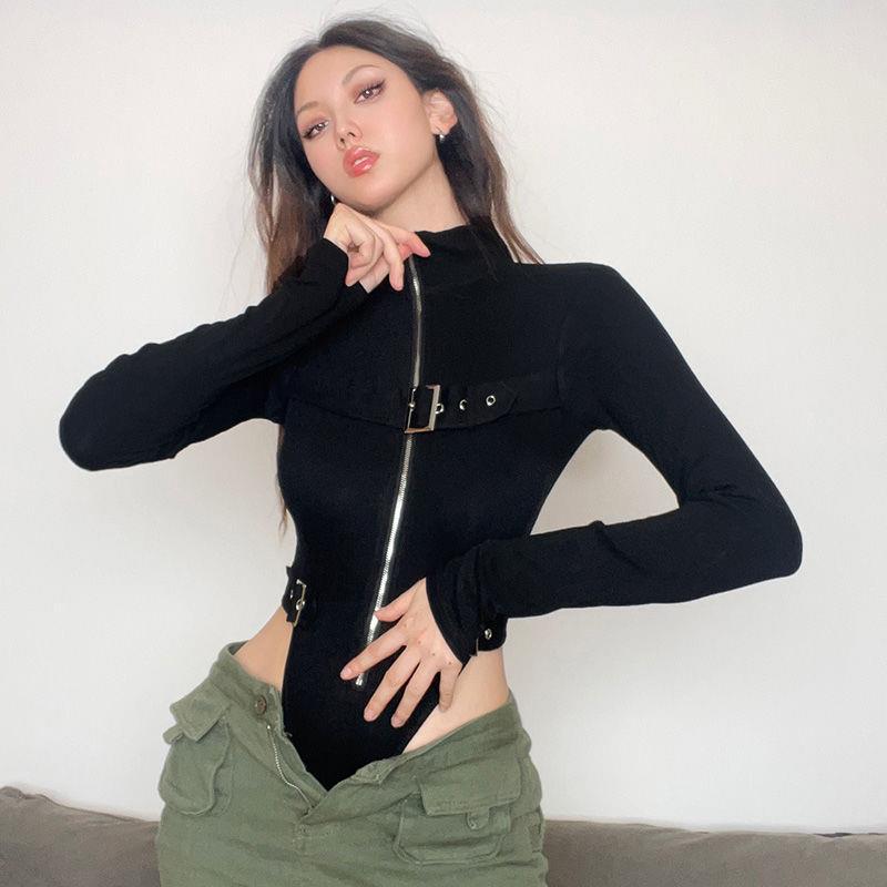 Edgy Metal Buckle Zip Slim Fit Jumpsuit