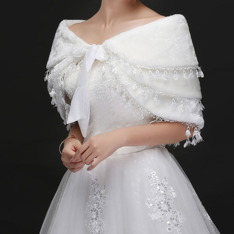 Warm White Fringed Shawl for Wedding Hair