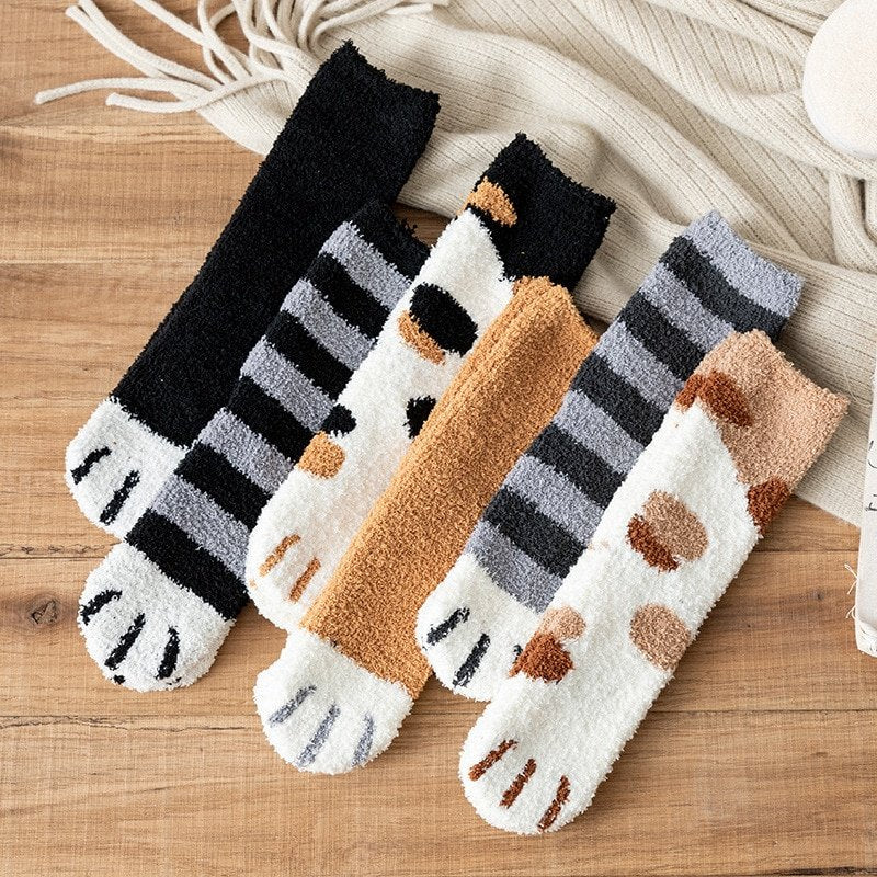 Coral Fleece Cat Paw Pattern Socks for Women