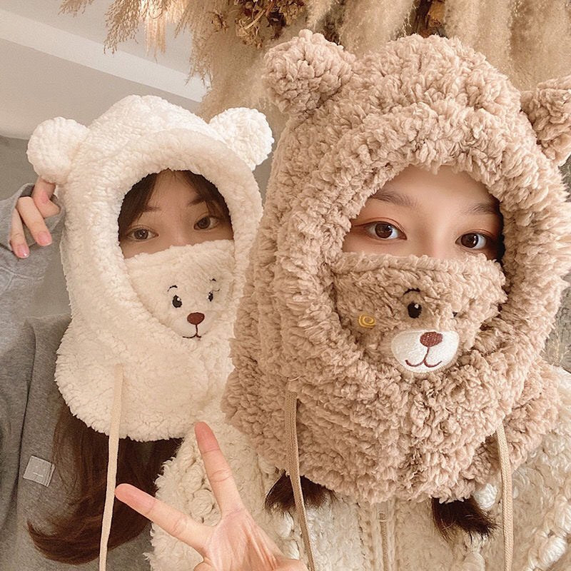 Bear Plush Scarf with Mask and Drawstring