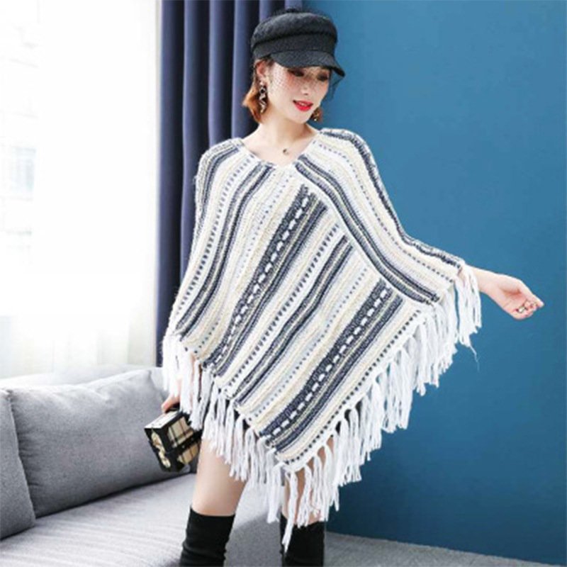 Cozy Striped Wool Shawl - Soft Diamond Hem
