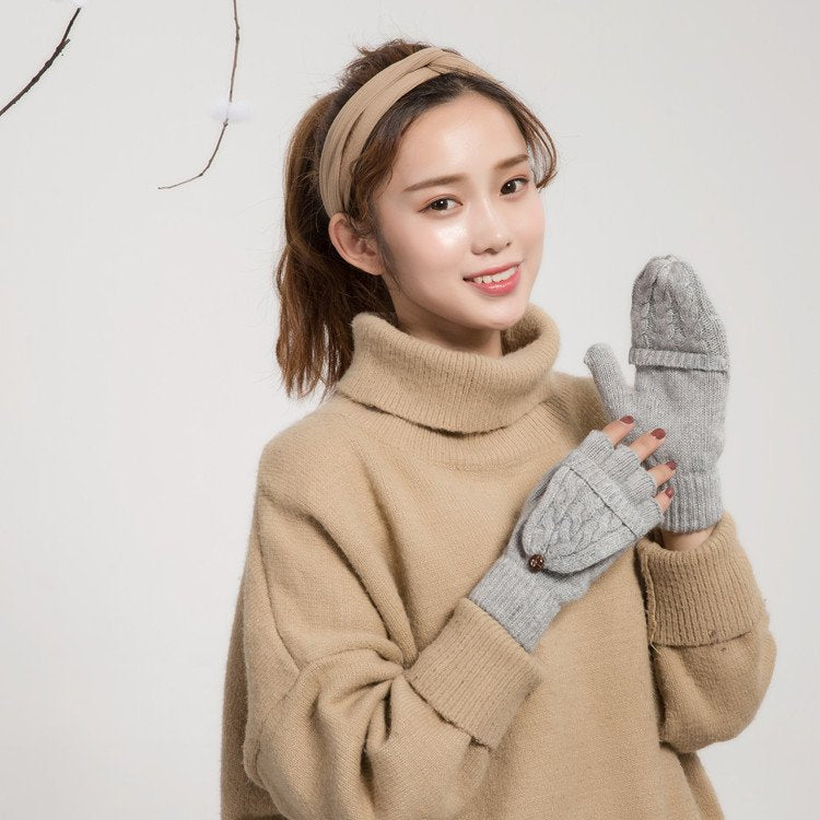 Warm Winter Flip Gloves for Women, Double Braided Half Finger Gloves