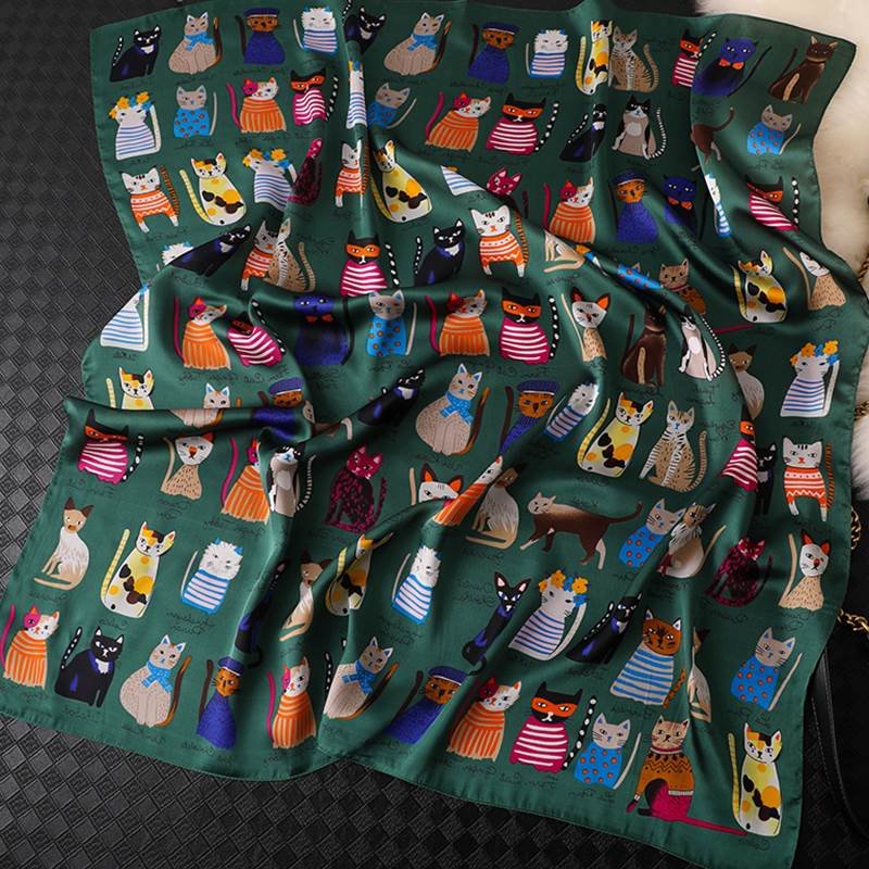Dark Blue Square Printed Silk Scarf for Women