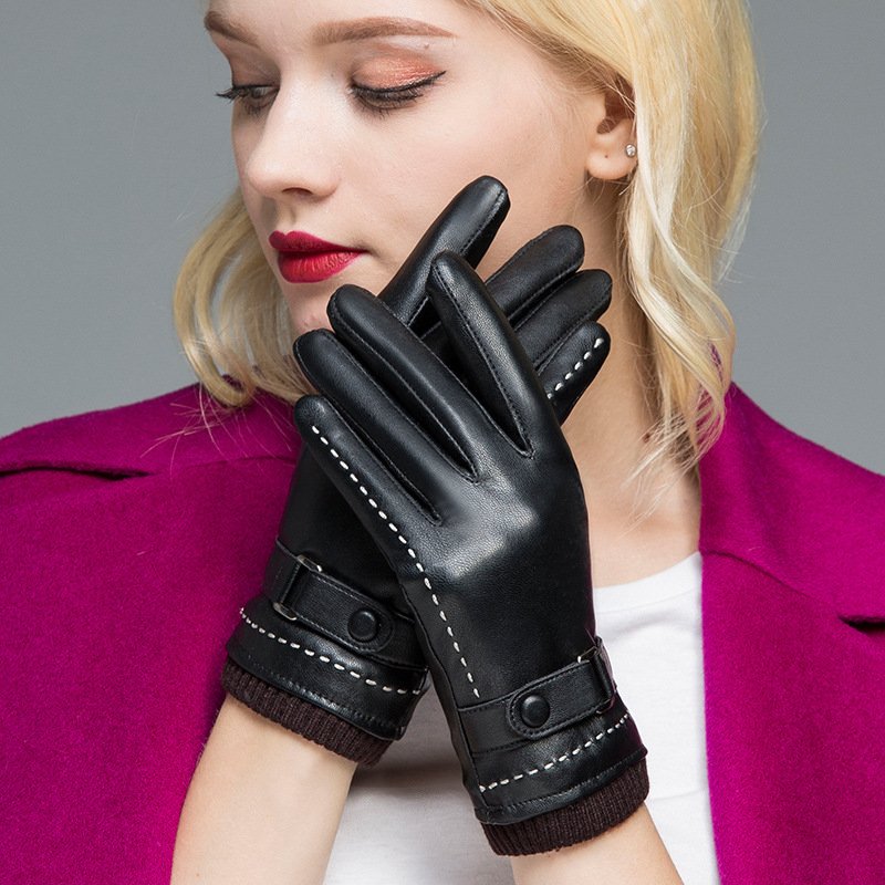 Touch Screen Sheepskin Leather Gloves for Women - Warm Black Gloves