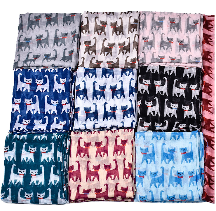 Whimsical Cat Print Scarf, Soft Rayon, Seasonless Chic, 180cm Long, 80cm Wide