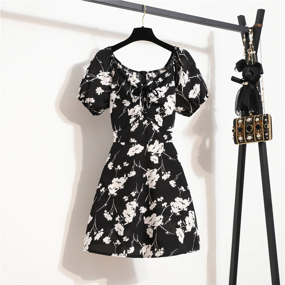 Summer Women's Floral Chiffon Print Shirred Pleated Mini Dress with Short Puffy Sleeves