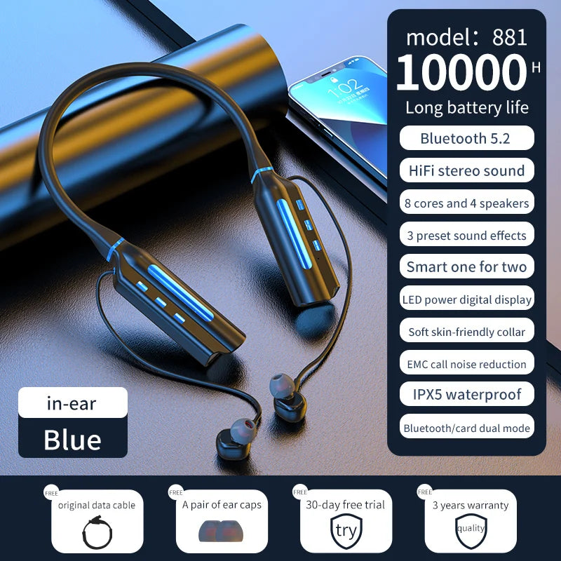 Wireless Bluetooth Neckband Earbuds with Magnetic Design, 10000mAh Battery for Up to 10000 Hours Playback and Noise Reduction