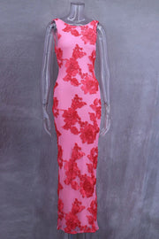 Elegant Sleeveless Maxi Dress with 3D Floral Embroidered Mesh – Slim Hip Fit Party Dress
