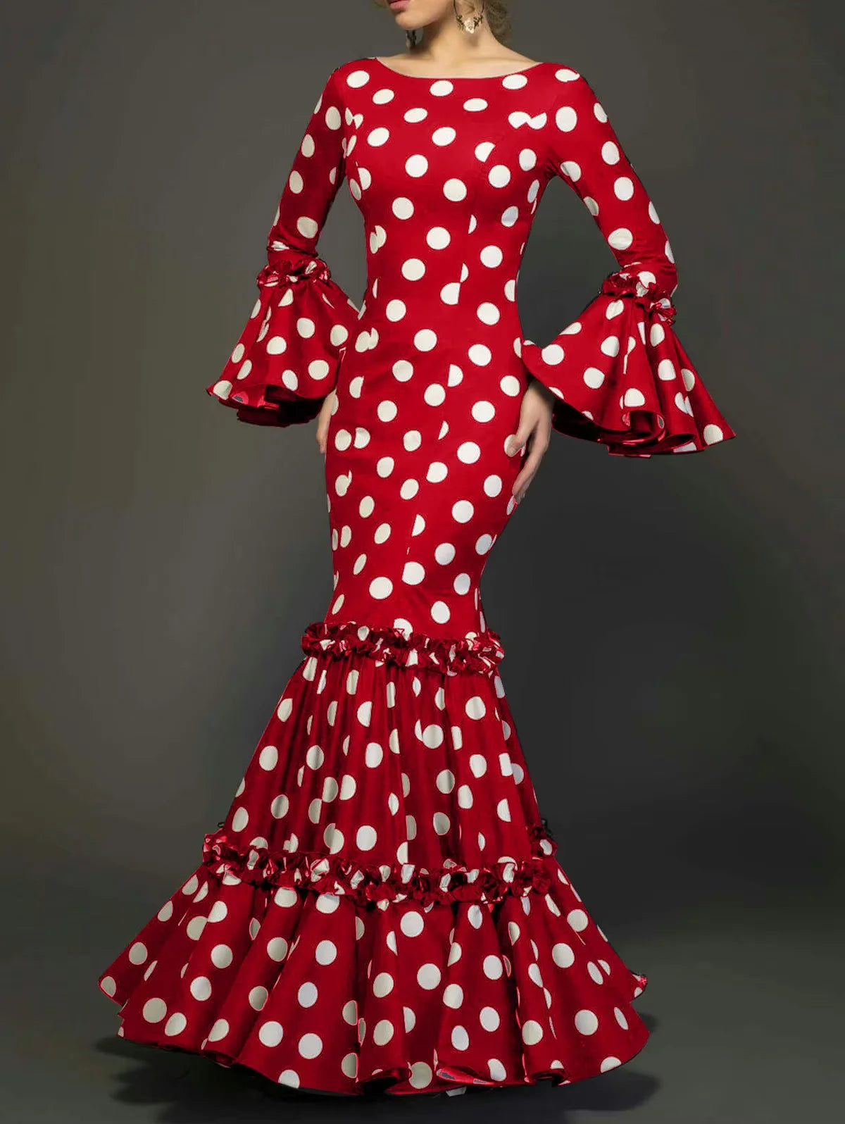 Polka Dot Long Dress with Ruffle Hem – Bohemian O-Neck Flare Sleeve, Slim Maxi Style