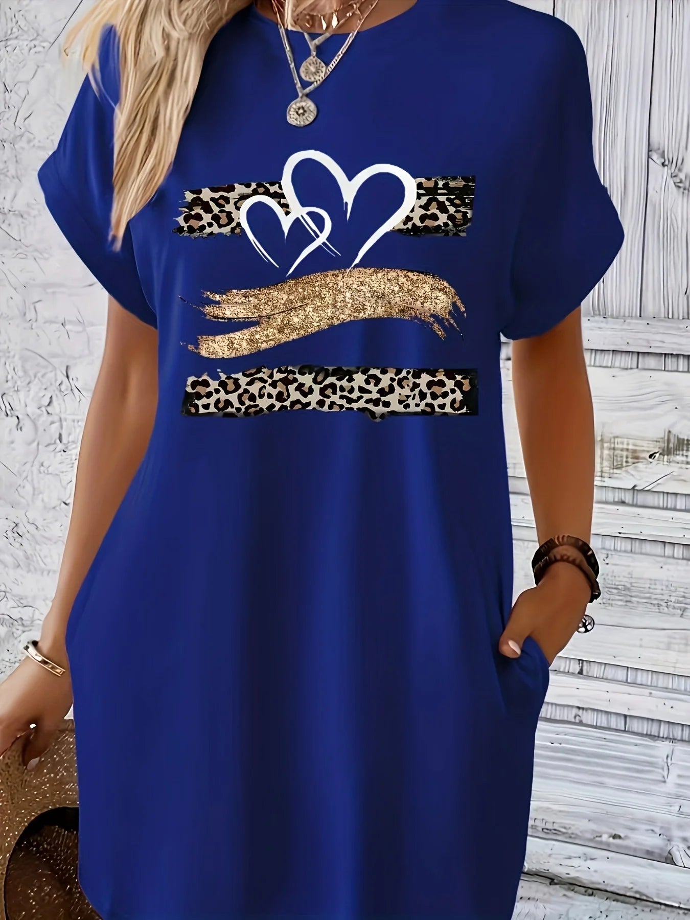 Women's Casual Knit T‑Shirt Dress with Heart Print and Colorful Flag Design, Black