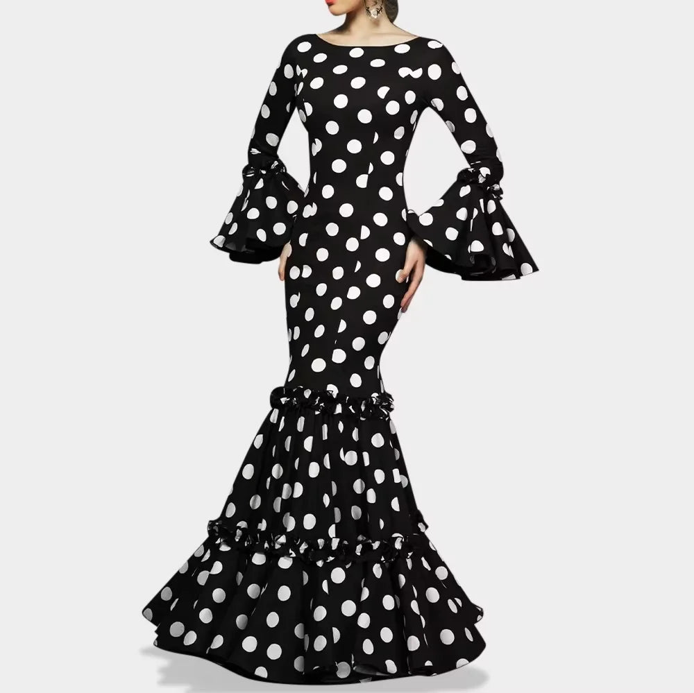 Polka Dot Long Dress with Ruffle Hem – Bohemian O-Neck Flare Sleeve, Slim Maxi Style