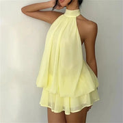 Halter Neck Backless Tie‑Front Chiffon Sheer Mini Dress – Sweet Vintage Party Style