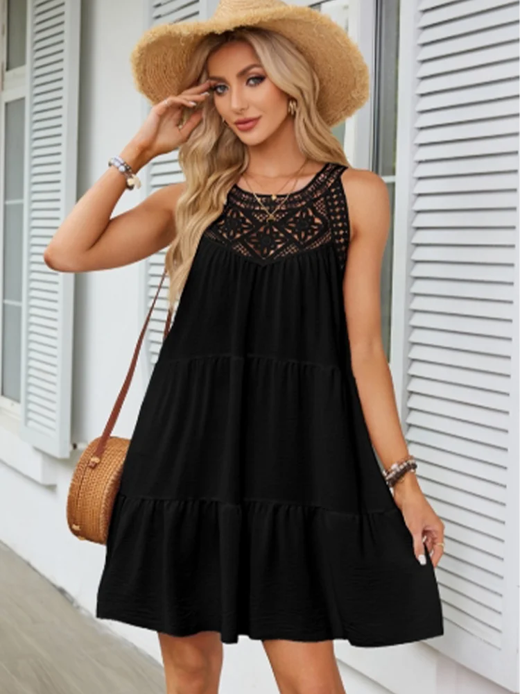 Solid‑Color Lace Hollow Short‑Sleeve Round‑Neck Dress
