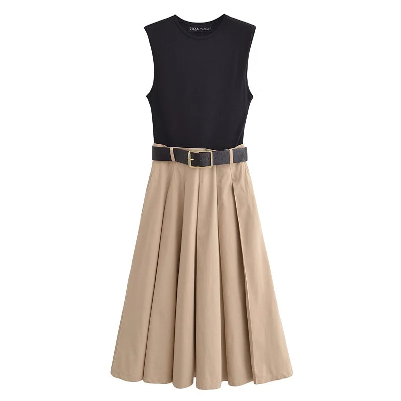 Belted Pleated Sleeveless Midi Dress – Summer Knit Sundress