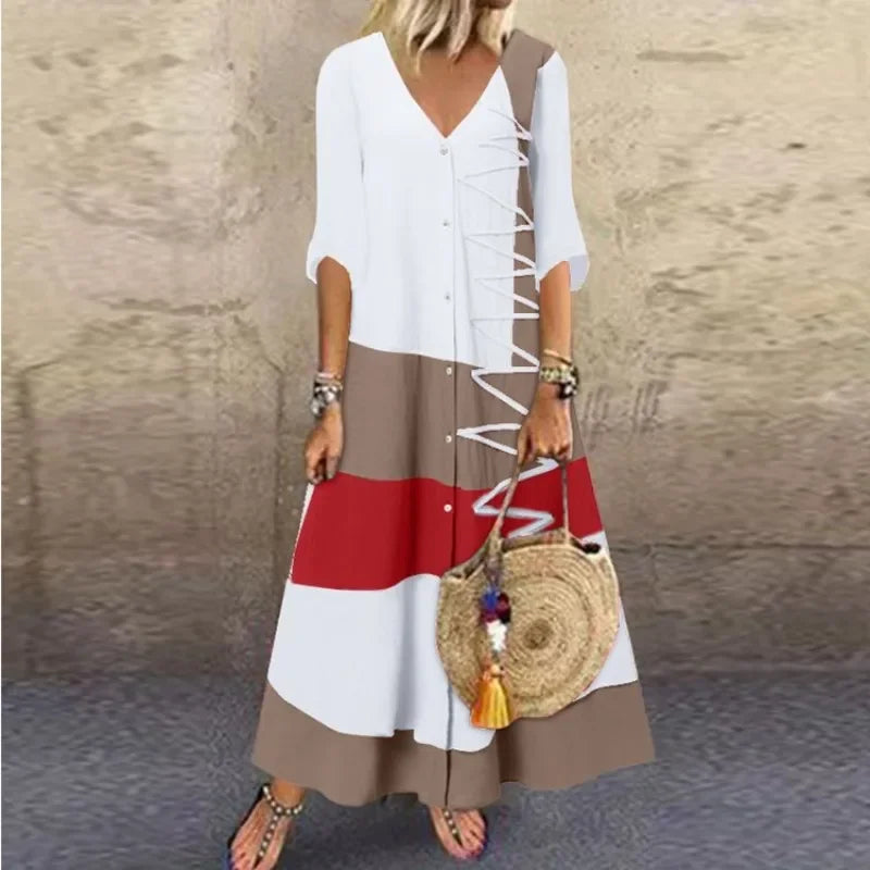 V-Neck Color Block Patchwork Short Sleeve Dress with Button Detail – Casual Loose Long Dress