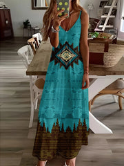 Vintage Tribal Print V‑Neck Slip Dress – Lightweight Breathable Summer and All‑Season Dress